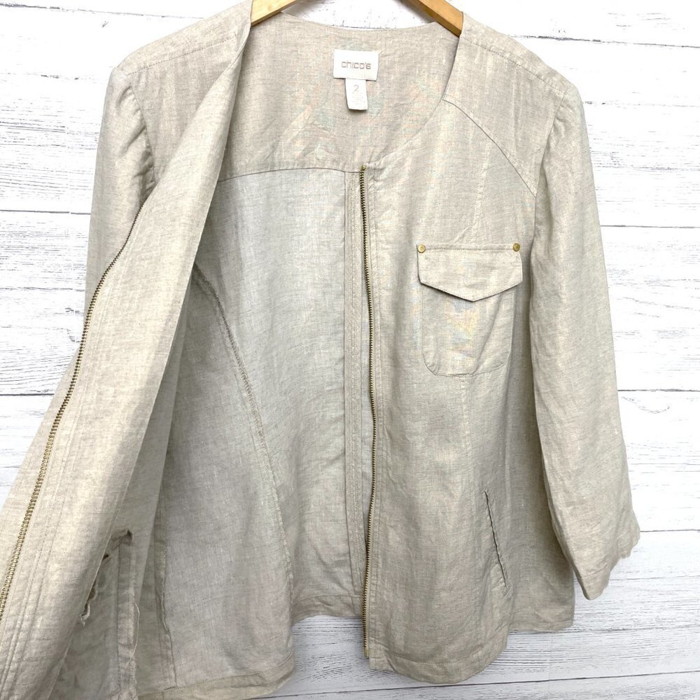 Chico's Women's Tan Linen Jacket Zipper Front Lightweight 3/4 Sleeves Large - Picture 2 of 9